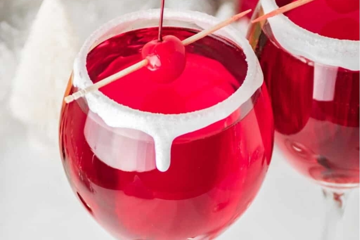 Two glasses of red wine with a cherry on top, perfect for Christmas cocktails.