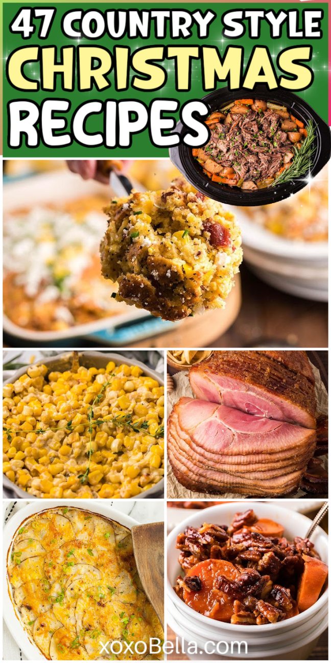 Collage of country-style Christmas dishes, featuring meats, casseroles, corn, and baked side dishes.