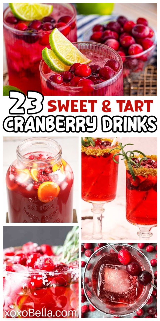 A lively collage showcases colorful cranberry drinks, each garnished with lime, rosemary, and fresh cranberries.