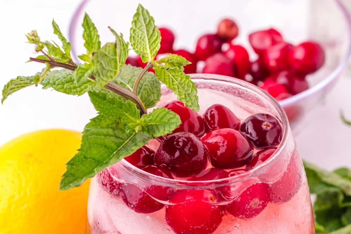 Cranberry lemonade infused with fresh mint leaves and garnished with cranberries.