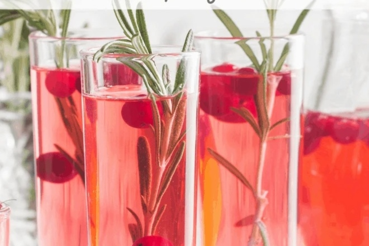 A glass of cranberry cocktail with sprigs of rosemary and cranberries, perfect for cranberry drinks enthusiasts.
