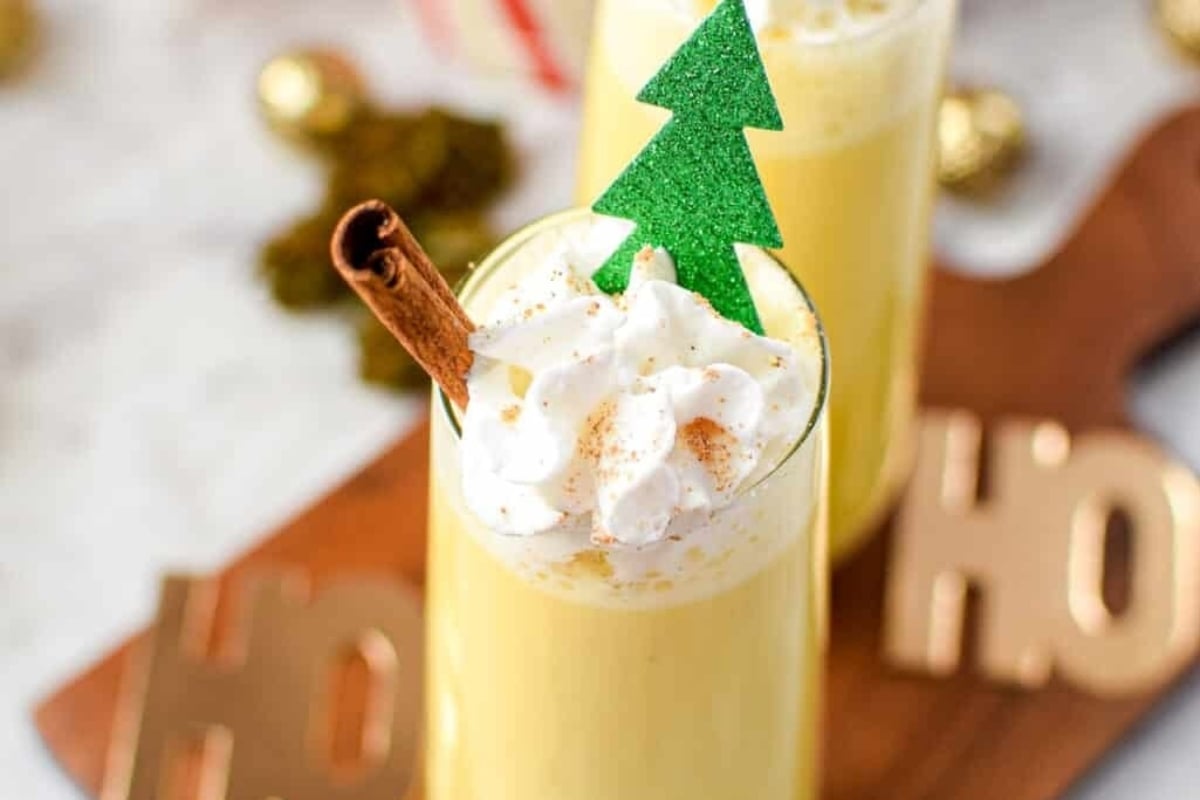Two glasses of eggnog with cinnamon and whipped cream recipe.