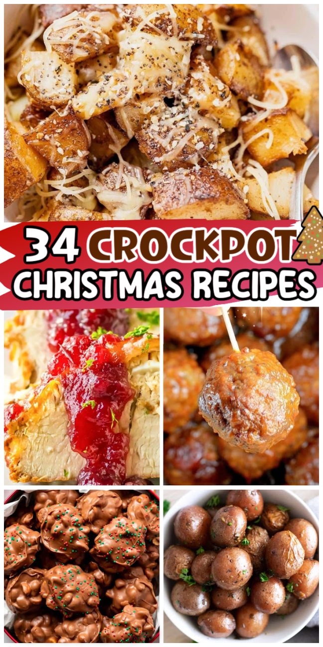 Collage of festive slow cooker Christmas recipes, featuring delicious crockpot dishes like meatballs, cheesecake, potatoes, and cookies.