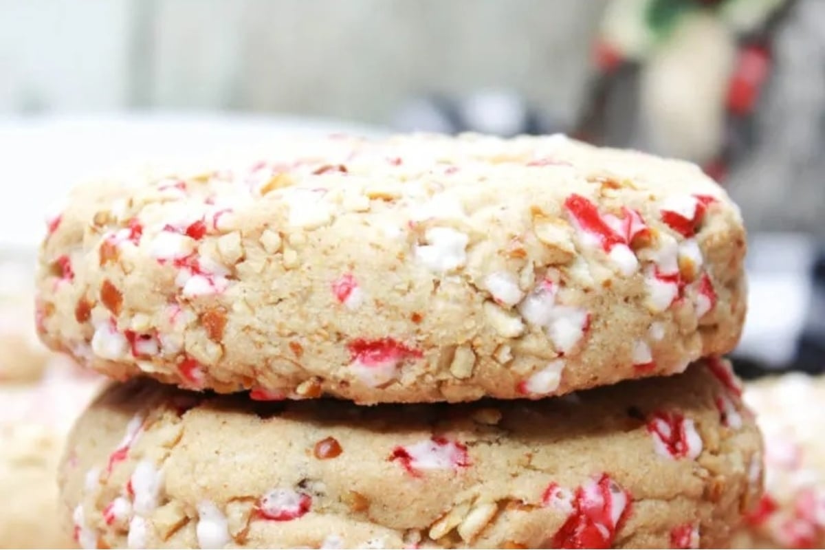 Candy cane peppermint cookies stacked on top of each other.