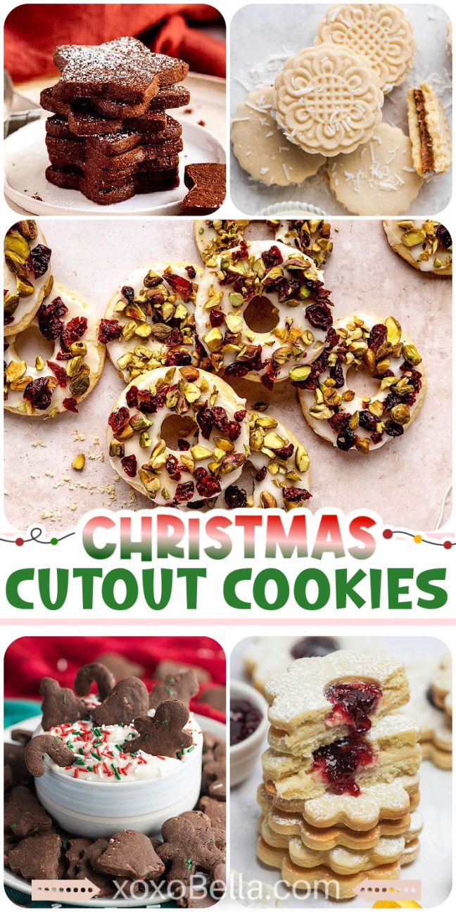 A collage of festive cutout cookies decorated with icing, sprinkles, nuts, and jam, perfect for celebrating Christmas.