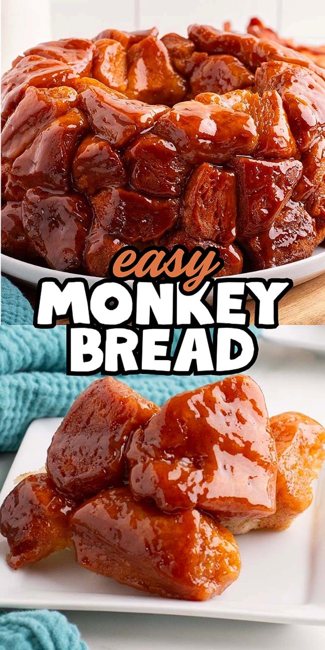 Sticky, golden monkey bread pieces stacked on a plate and whole on a wooden board with glaze on top.