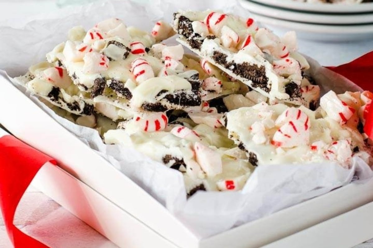 Peppermint bark in a box with white chocolate.