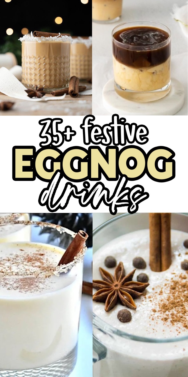 Four festive eggnog drinks garnished with spices.