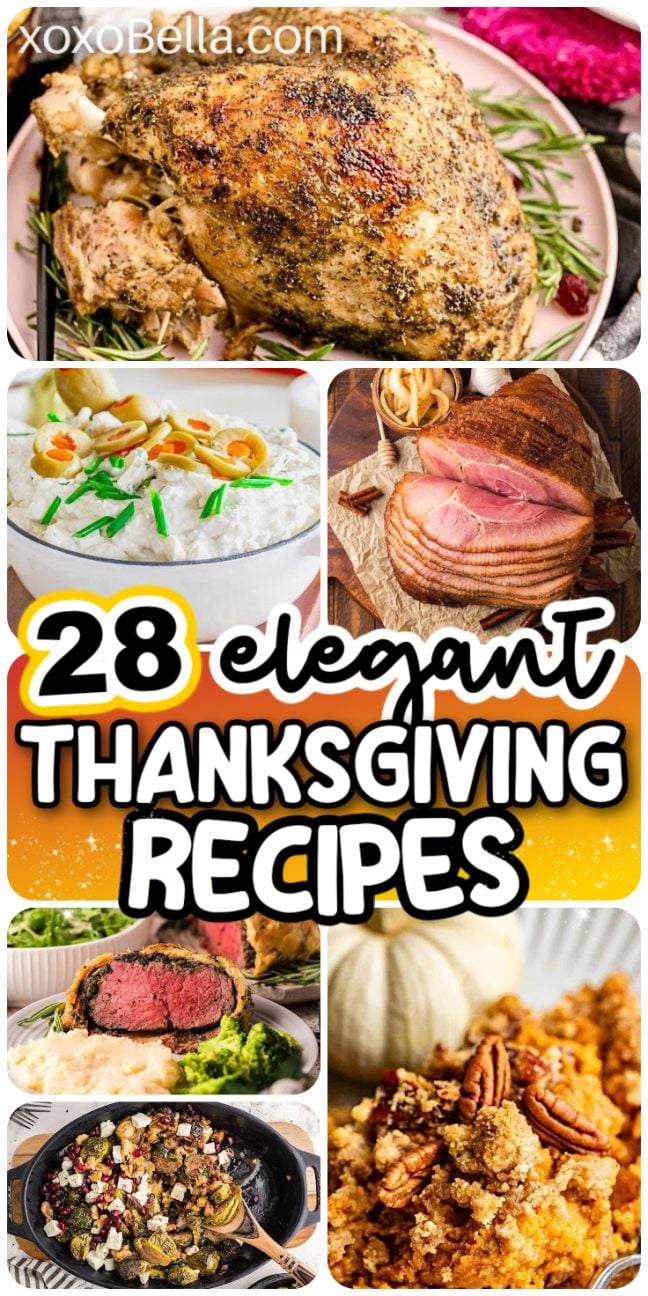 Collage of elegant Thanksgiving dishes: roast turkey, ham, mashed potatoes, beef, and crumble dessert.