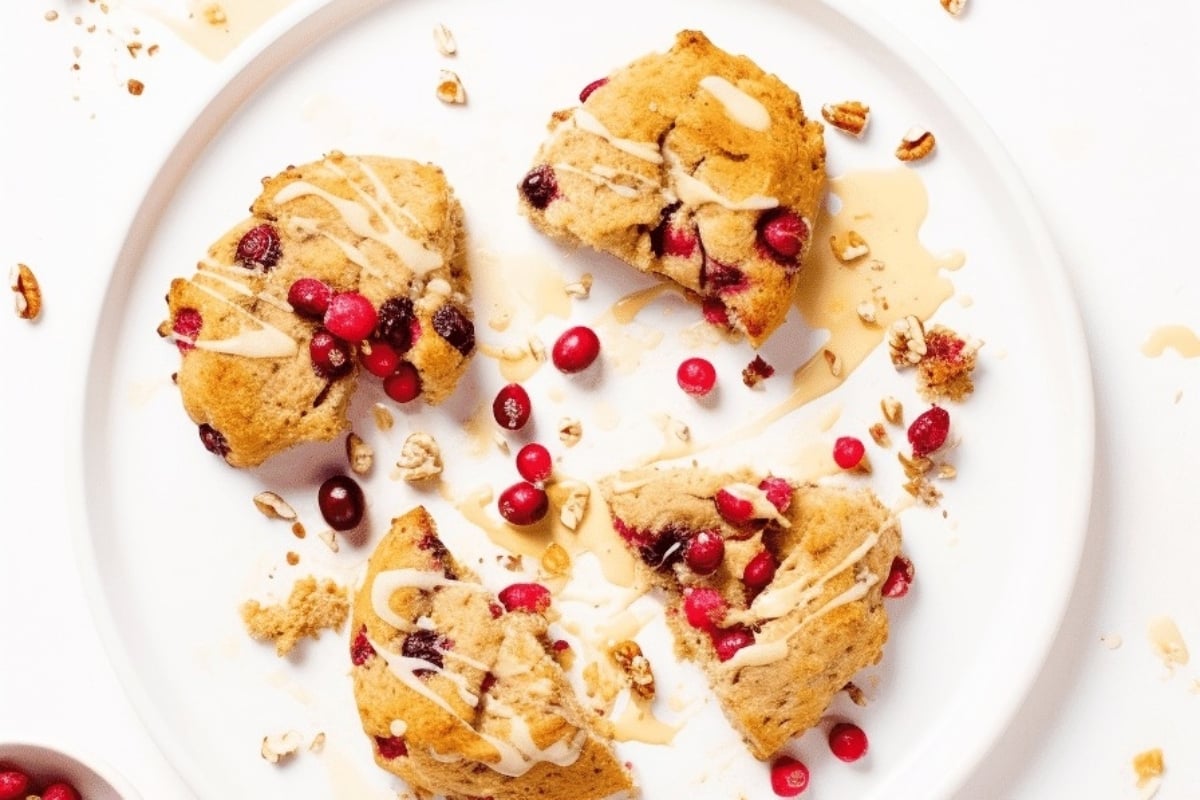 Cranberry scones with cranberries and nuts on a plate, perfect for a cranberry snack recipe.