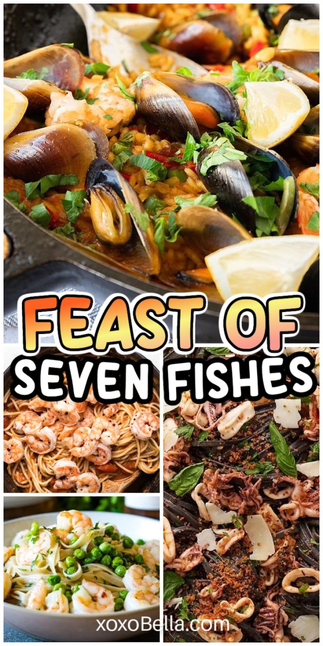 Collage of seafood dishes, celebrating the traditional feast of seven fishes.