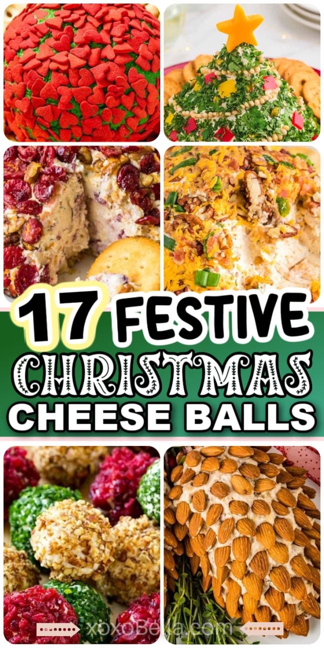 Collage of colorful festive cheese balls shaped like trees and balls, covered with nuts and herbs for a cheerful holiday display.