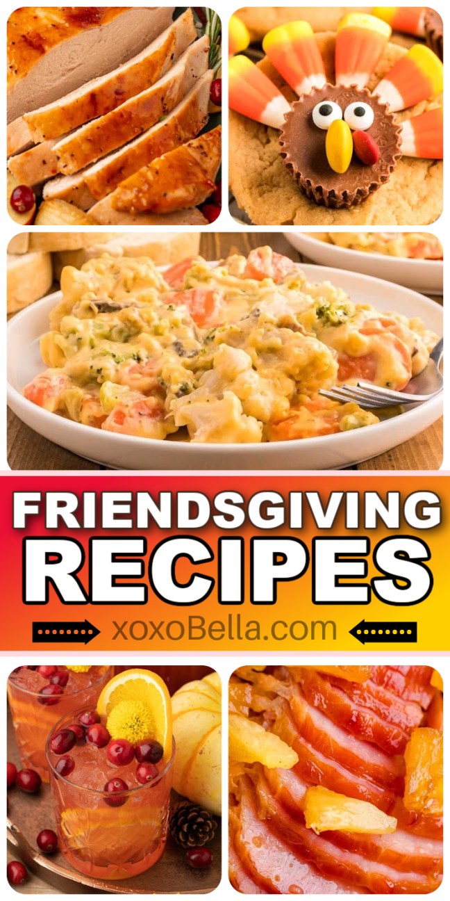 Collage of Friendsgiving dishes: turkey, turkey cupcake, casserole, drinks and more - perfect inspiration for your Friendsgiving celebration.