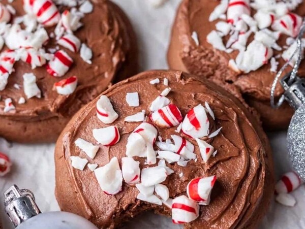 Frosted Chocolate Peppermint Cookies on a tray.