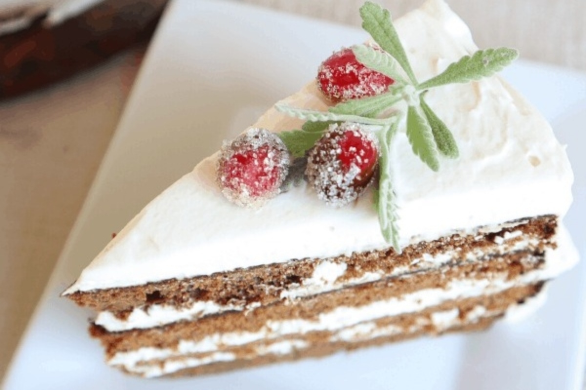 A slice of Christmas cake with cranberries and icing on a plate.