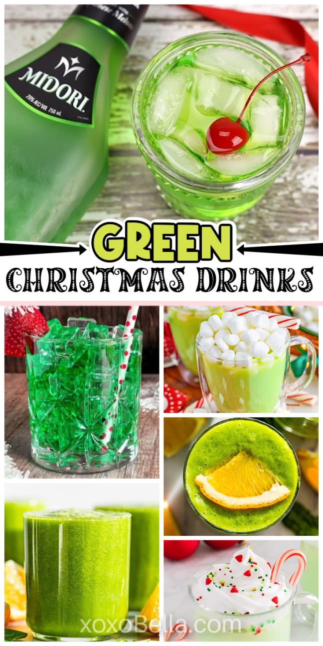 Collage of festive green Christmas drinks, including cocktails, a smoothie, and a hot drink topped with marshmallows.