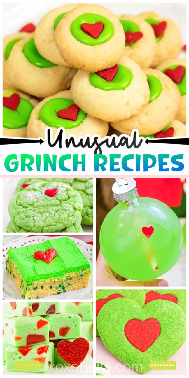 Collage of green Grinch-themed treats and drinks, all decorated with red heart shapes—perfect Grinch recipes for your next holiday gathering.