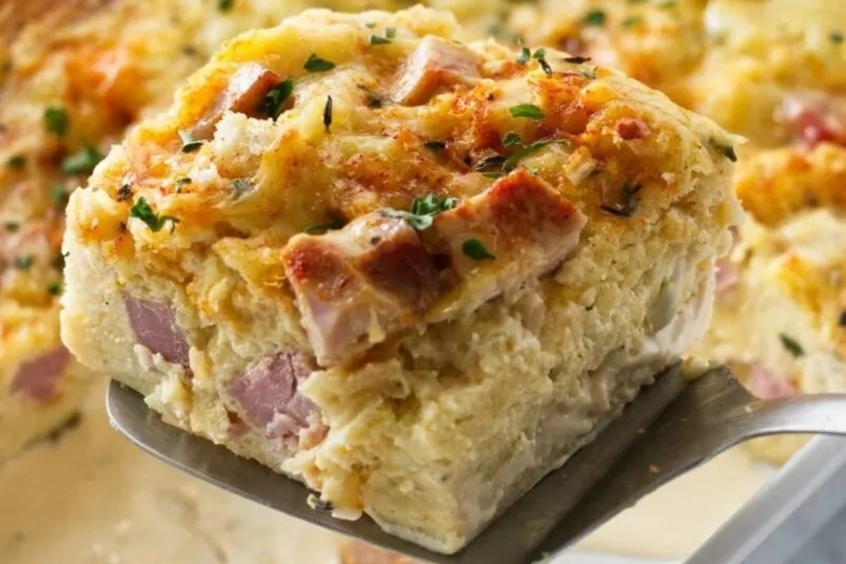 Make ahead breakfast casserole with ham and cheese, perfect for holiday gatherings.