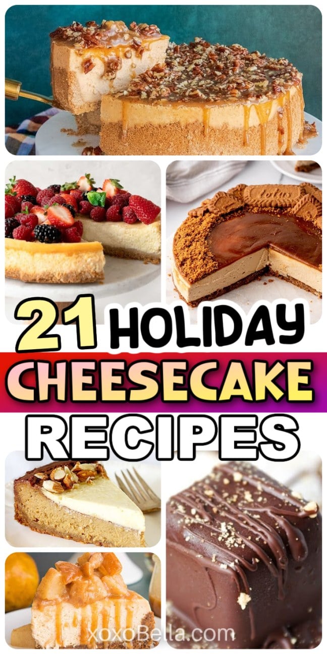 Collage of assorted cheesecakes with fruit, caramel, nuts, and chocolate, a tempting showcase perfect for anyone looking to discover new holiday cheesecake recipes.