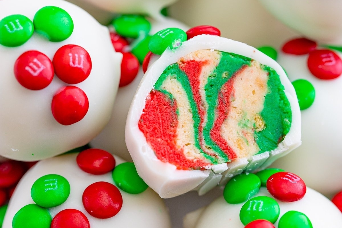 No bake M&M's Christmas candy balls.
