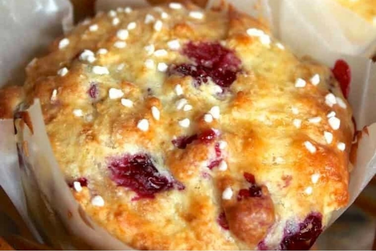 A cranberry muffin with a hint of sesame seeds.