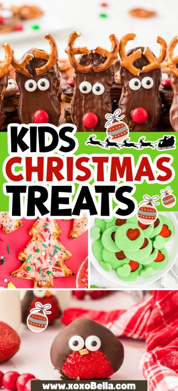 Festive kids Christmas treats featuring reindeer, cookies, and chocolate desserts, all beautifully decorated for the holidays.