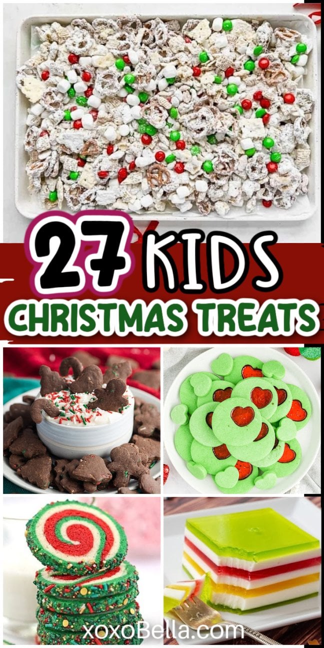 A collage of colorful kids Christmas treats, featuring festive cookies, pudding, and chocolate snacks perfect for little ones.