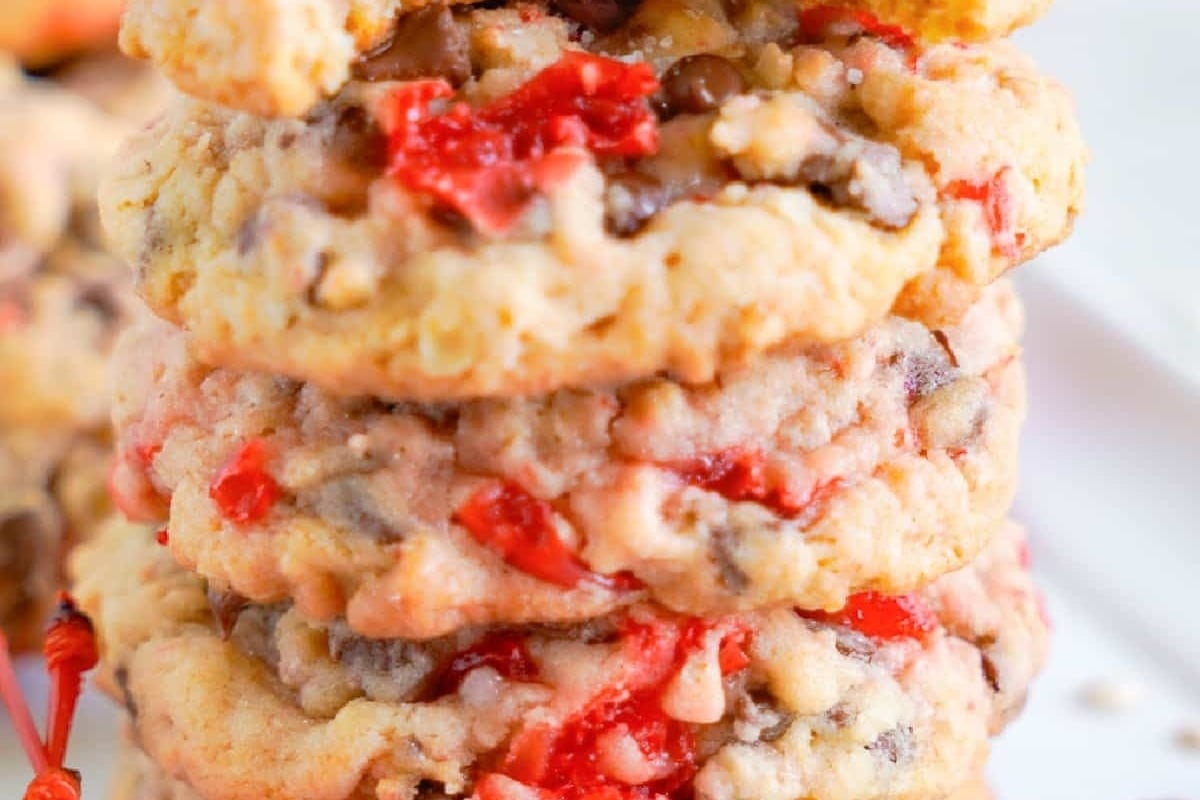A stack of chocolate chip cookies with cherry filling, perfect for those looking for freezable cookie recipes.