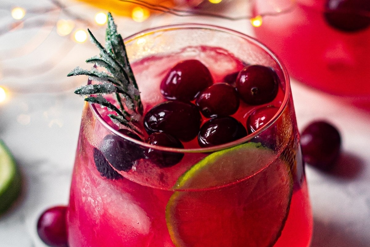 Refreshing cranberry margarita with a hint of lime and aromatic sprigs of rosemary.