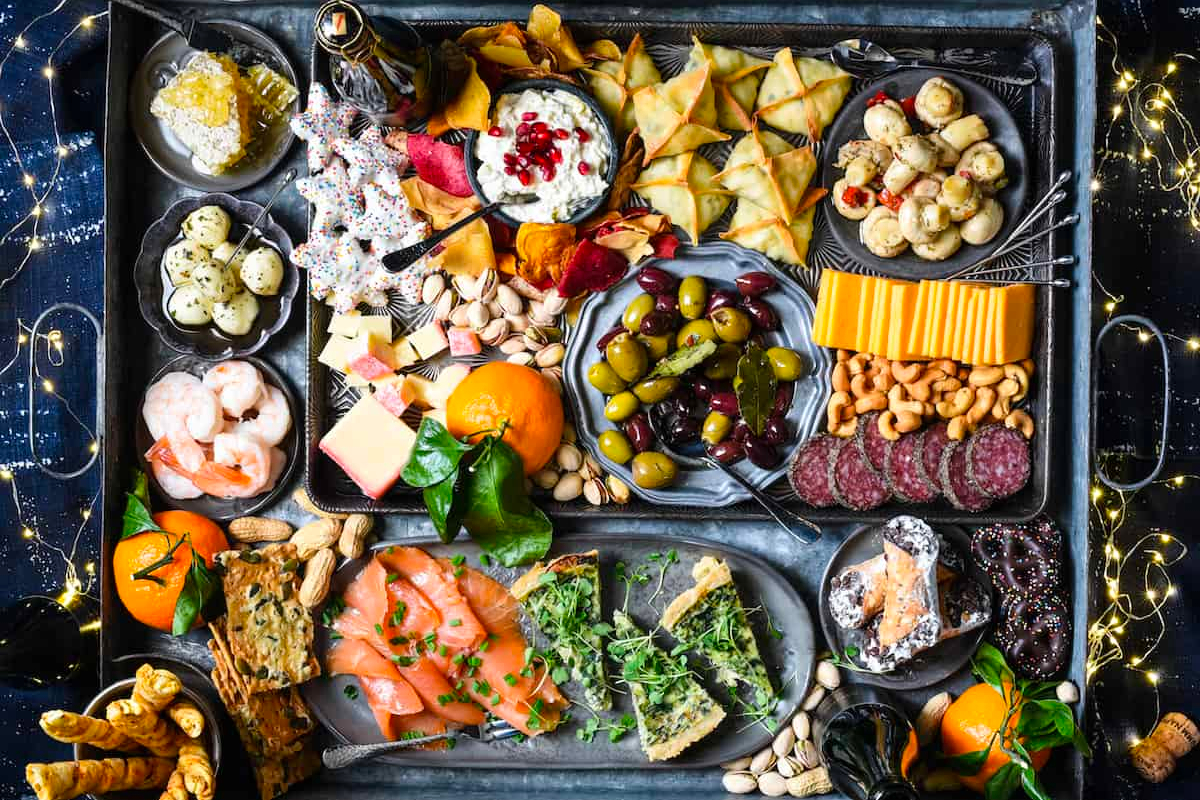 An enticing tray of festive foods perfect for a New Year's Eve party.