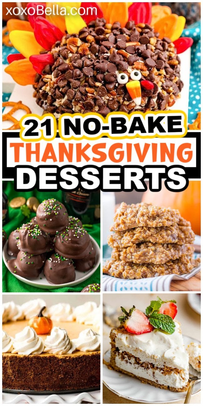 Collage of no bake Thanksgiving desserts, featuring a festive turkey cake, bars, truffles, and pie slices perfect for your holiday table.