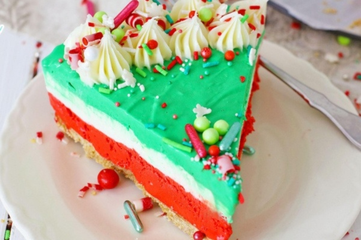 A slice of festive green, red, and white cake on a plate.