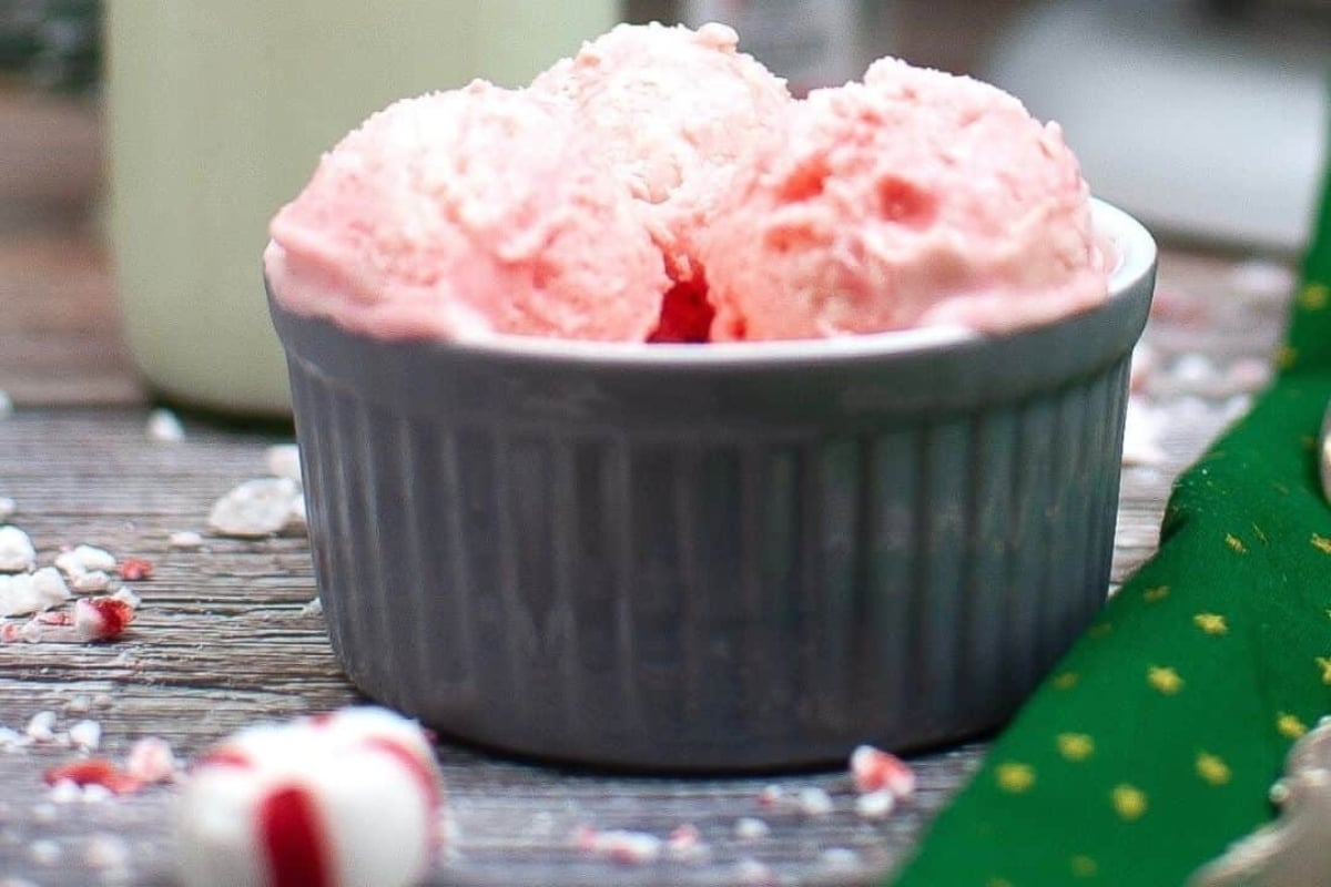 A delectable bowl of refreshing peppermint ice cream, garnished with crunchy candy canes.