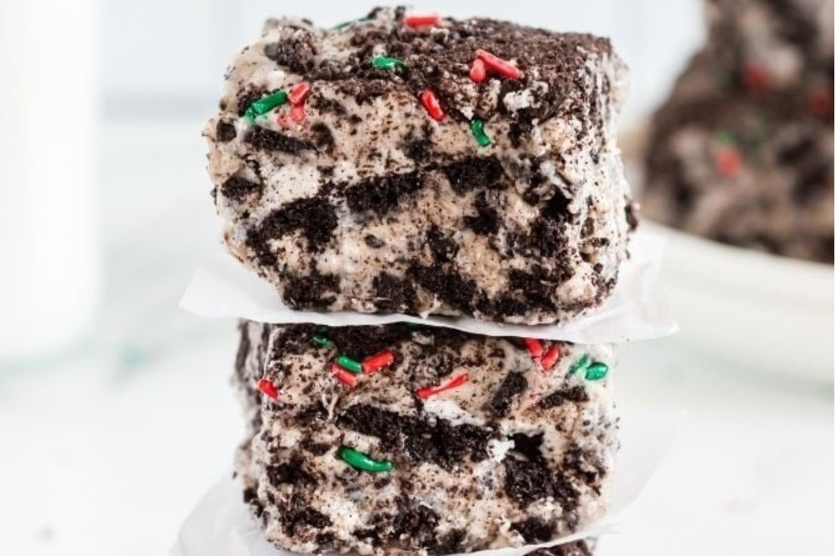 No bake Oreo cookies stacked on top of each other, a perfect addition to Christmas desserts.