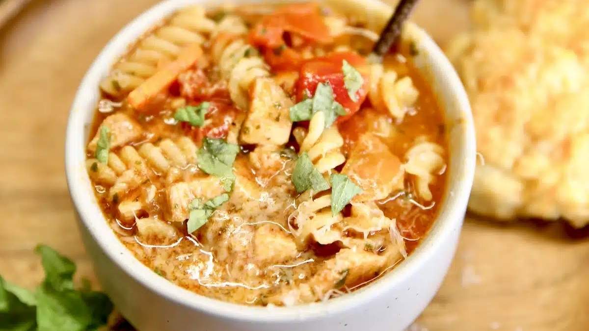 A bowl of pasta with chicken and vegetables on a wooden table.