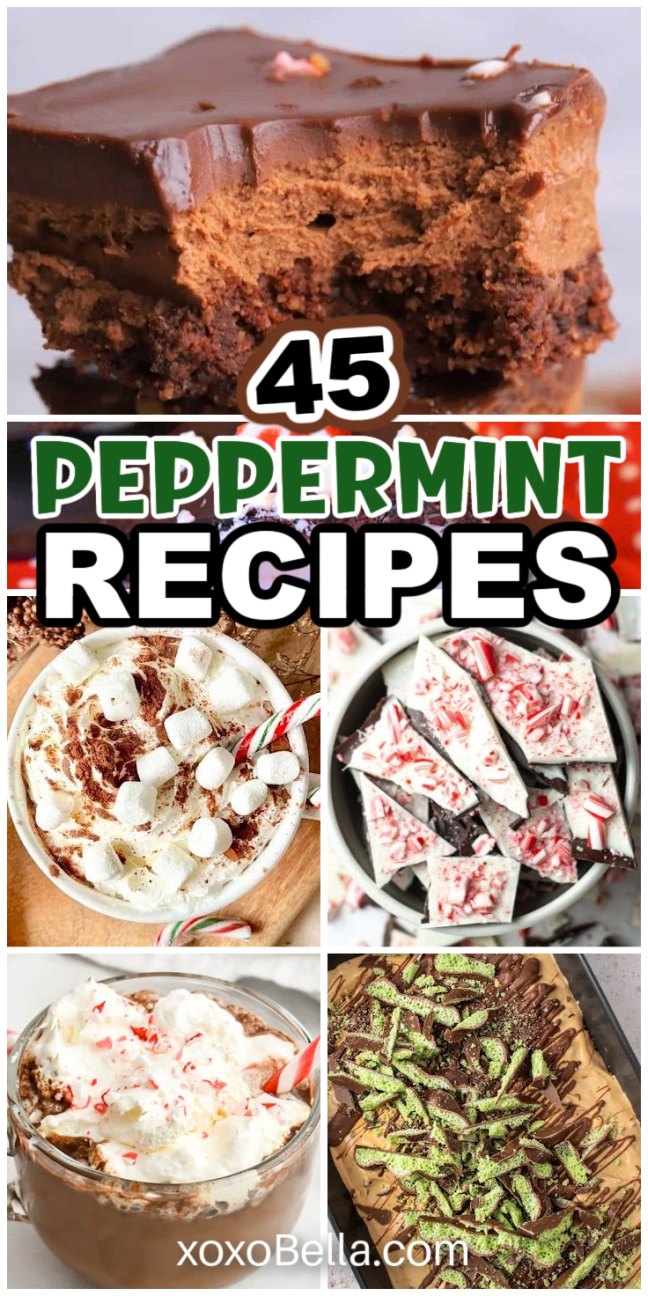 Collage of chocolate cake, candy bark, cookies, drinks and more.