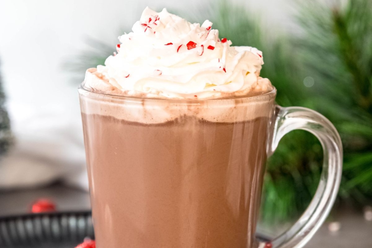 A Starbucks holiday cup of hot chocolate with whipped cream and peppermint.