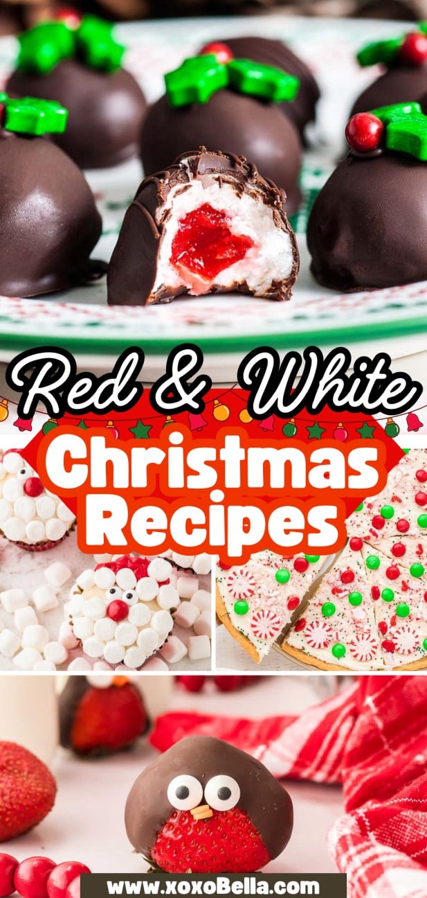Chocolate-covered cherry desserts, Christmas cookies, and festive red and white Christmas treats adorned with seasonal decorations.