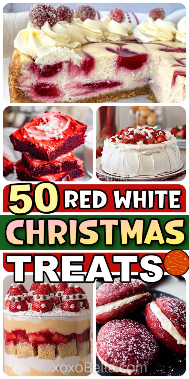 Collage of festive red and white Christmas treats, featuring cakes, trifles, and cookies perfect for holiday celebrations.