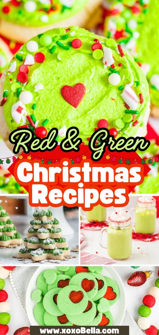 Collage of festive red and green Christmas recipes featuring cookies, cookie trees, and holiday drinks adorned with sprinkles and hearts.