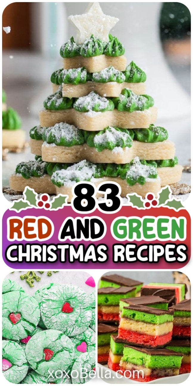 A colorful display of red and green Christmas recipes including cookies, drinks and festive appetizers arranged on plates and trays.