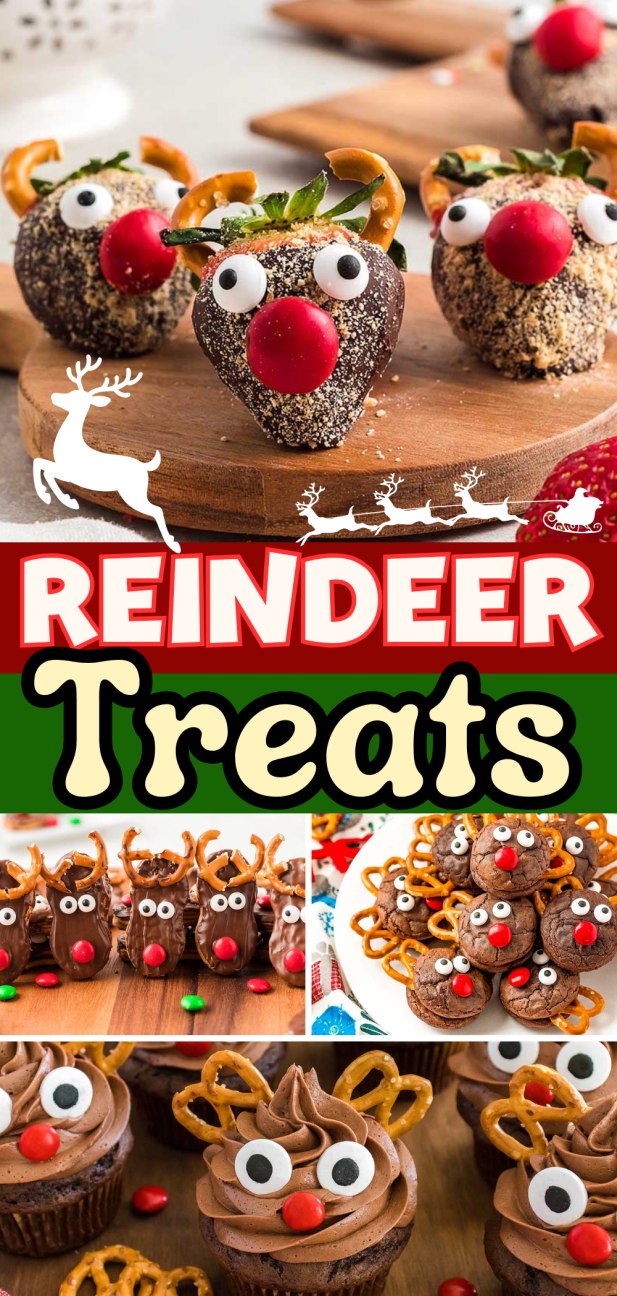 Reindeer treats made with chocolate and cupcakes, decorated with pretzels, candy eyes, and red noses on festive plates.