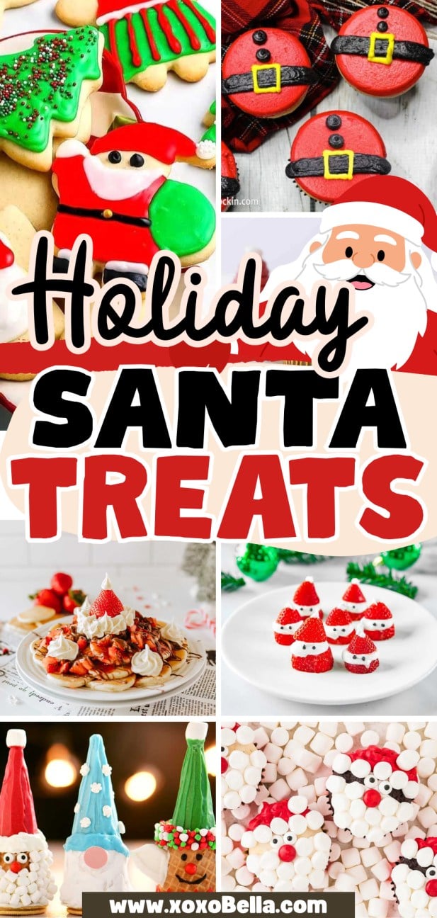 Festive holiday santa treats decorated with Christmas themes, including cookies, cupcakes, and marshmallow snacks.