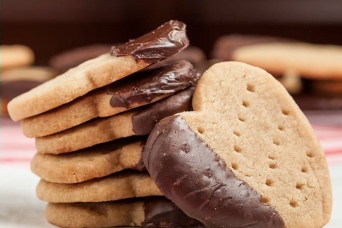 A stack of freezable peanut butter cookies with chocolate icing.