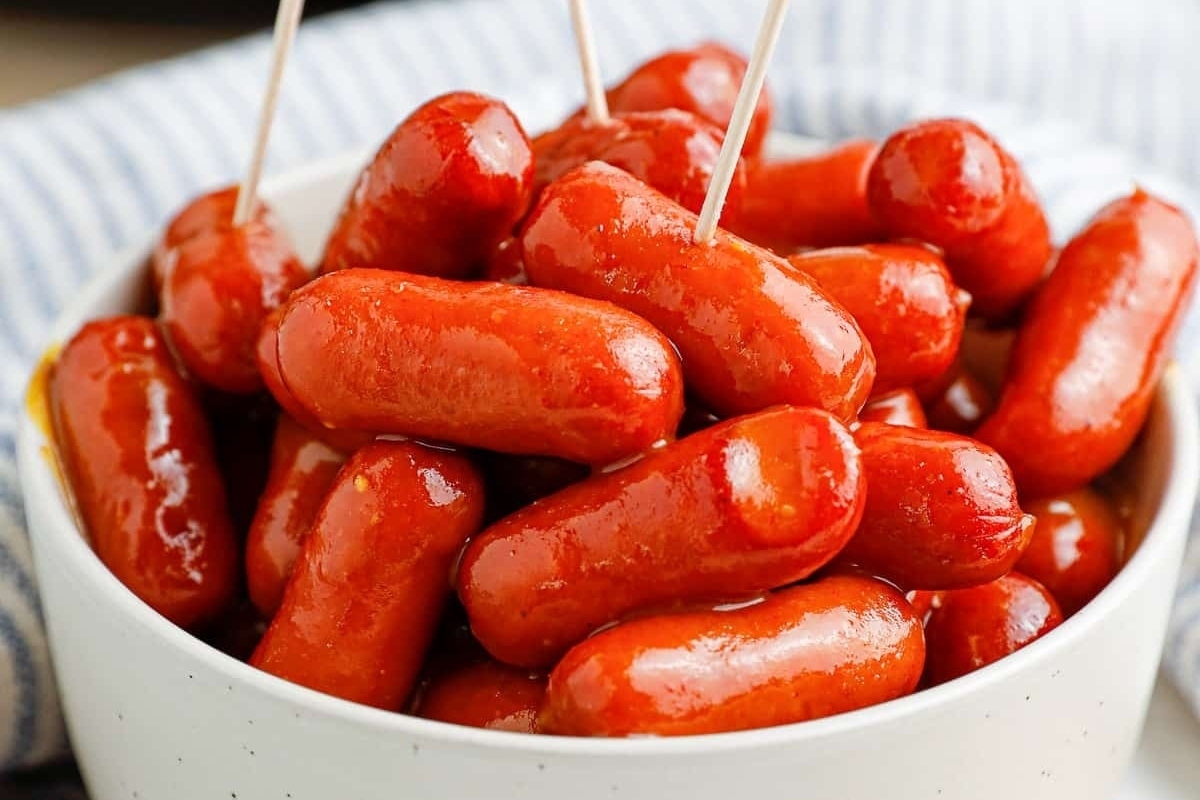 Hot dogs on toothpicks for a festive New Year's eve party.