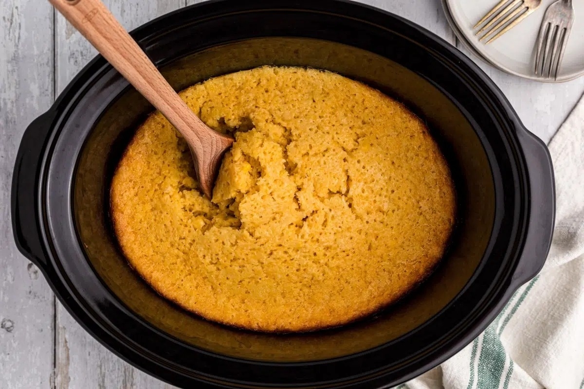 Make a delicious cornbread in a slow cooker with just a wooden spoon. Perfect for make-ahead holiday dishes!