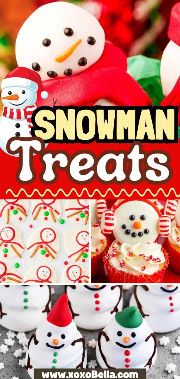 Collage of festive snowman treats, featuring cupcakes and marshmallow desserts, all decorated for the holidays.