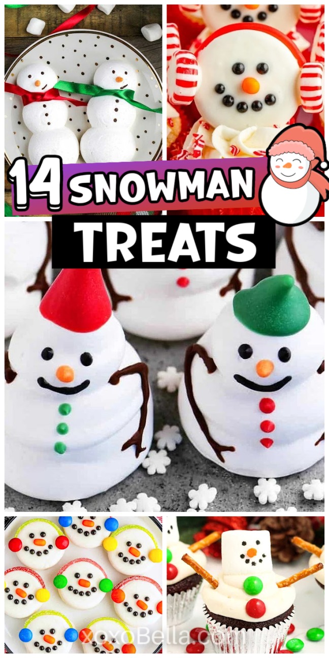 A collection of snowman-shaped treats made with ingredients like marshmallows and frosting.