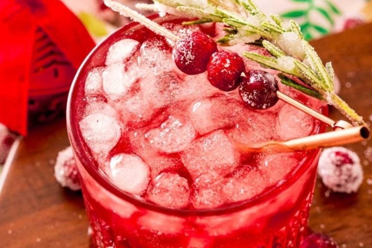 A festive cranberry cocktail with ice and a hint of aromatic rosemary - perfect for Christmas celebrations.