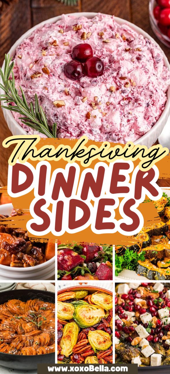 Collage of delicious Thanksgiving sides, featuring cranberry salad, roasted vegetables, and classic casseroles.